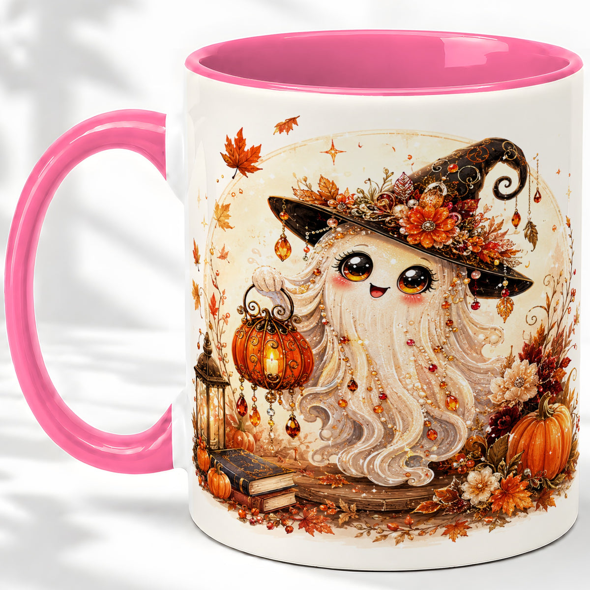 #pl[11oz|Pink] Autumn Witch Ghost Ceramic Mug, Pumpkin Lantern Art for Ghost Fans