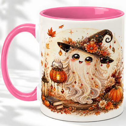#pl[11oz|Pink] Autumn Witch Ghost Ceramic Mug, Pumpkin Lantern Art for Ghost Fans