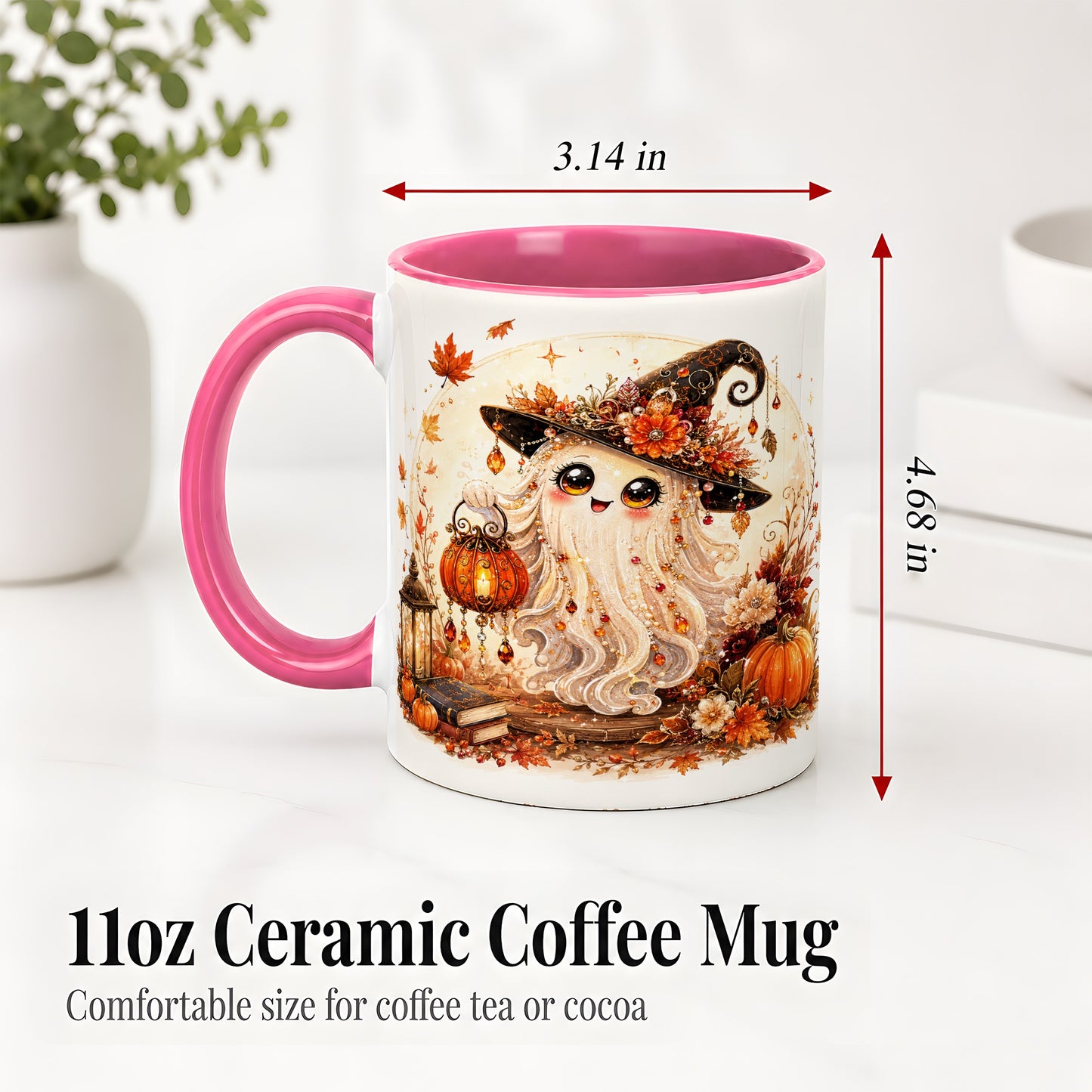 #pl[11oz|Pink] Autumn Witch Ghost Ceramic Mug, Pumpkin Lantern Art for Ghost Fans