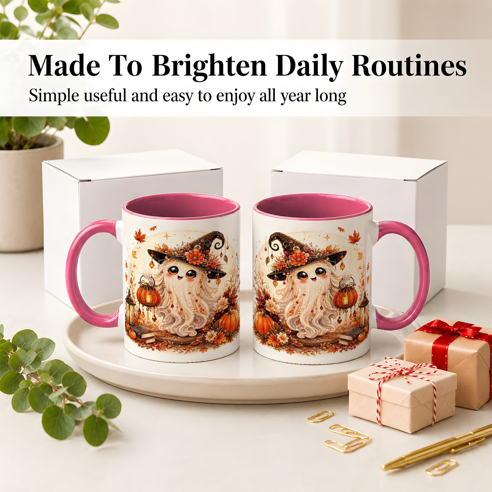 #pl[11oz|Pink] Autumn Witch Ghost Ceramic Mug, Pumpkin Lantern Art for Ghost Fans