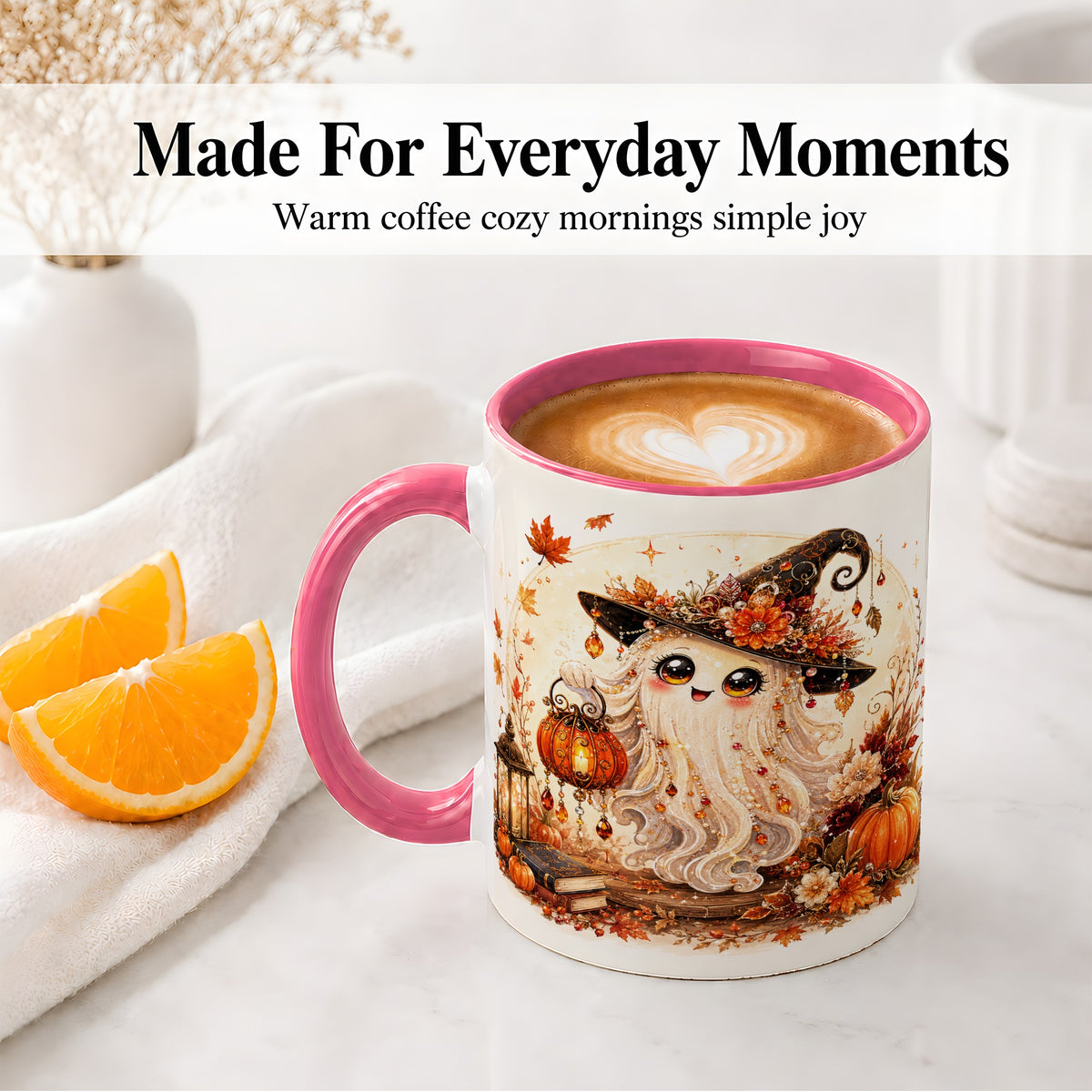 #pl[11oz|Pink] Autumn Witch Ghost Ceramic Mug, Pumpkin Lantern Art for Ghost Fans