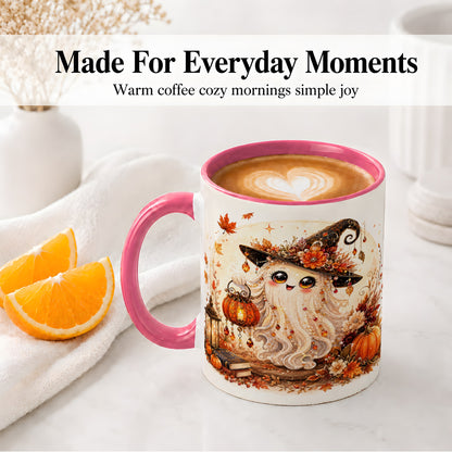#pl[11oz|Pink] Autumn Witch Ghost Ceramic Mug, Pumpkin Lantern Art for Ghost Fans