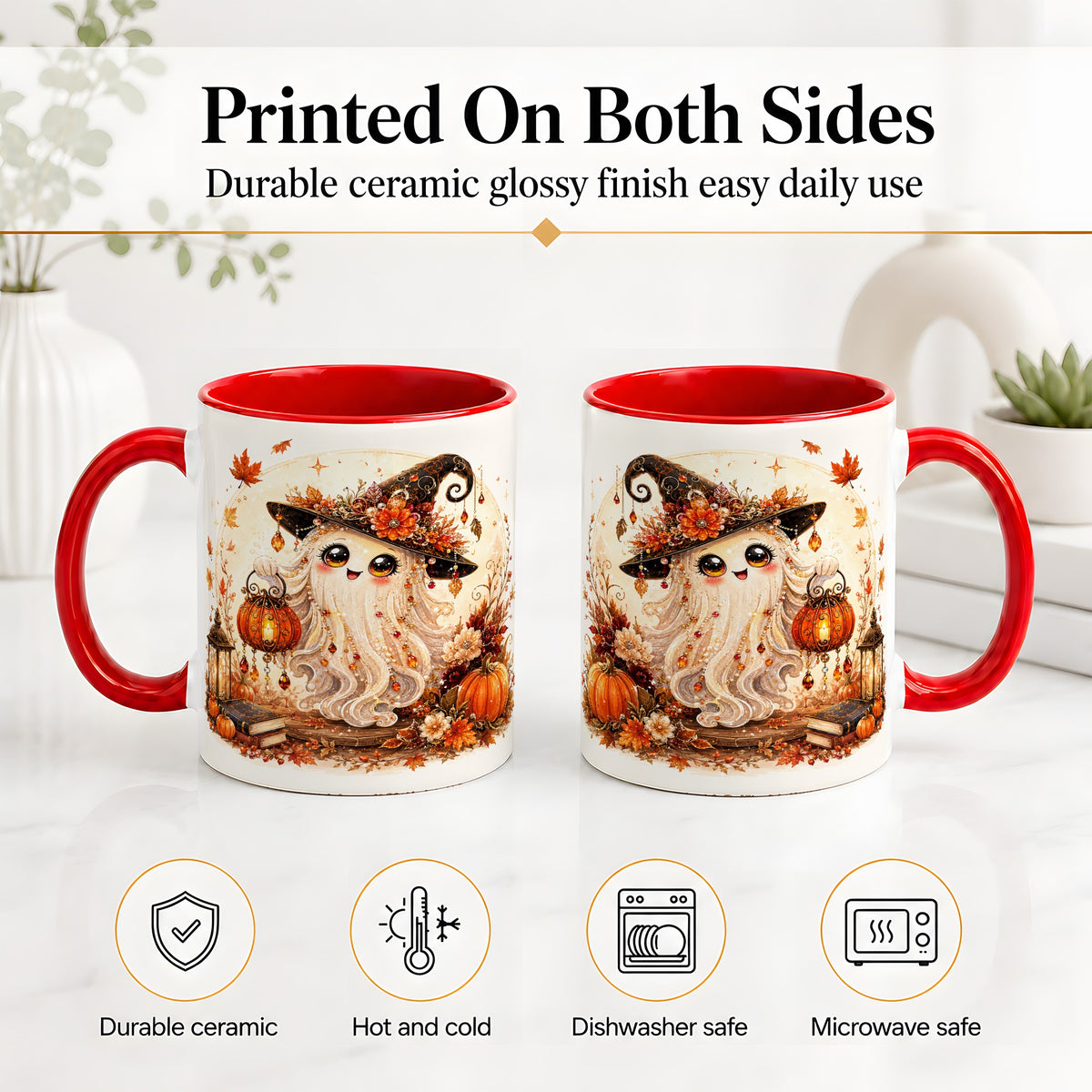 #pl[11oz|Red] Autumn Witch Ghost Ceramic Mug, Pumpkin Lantern Art for Ghost Fans