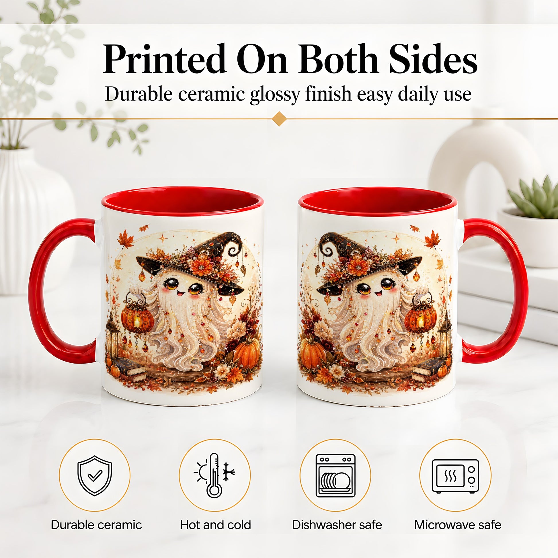 #pl[11oz|Red] Autumn Witch Ghost Ceramic Mug, Pumpkin Lantern Art for Ghost Fans