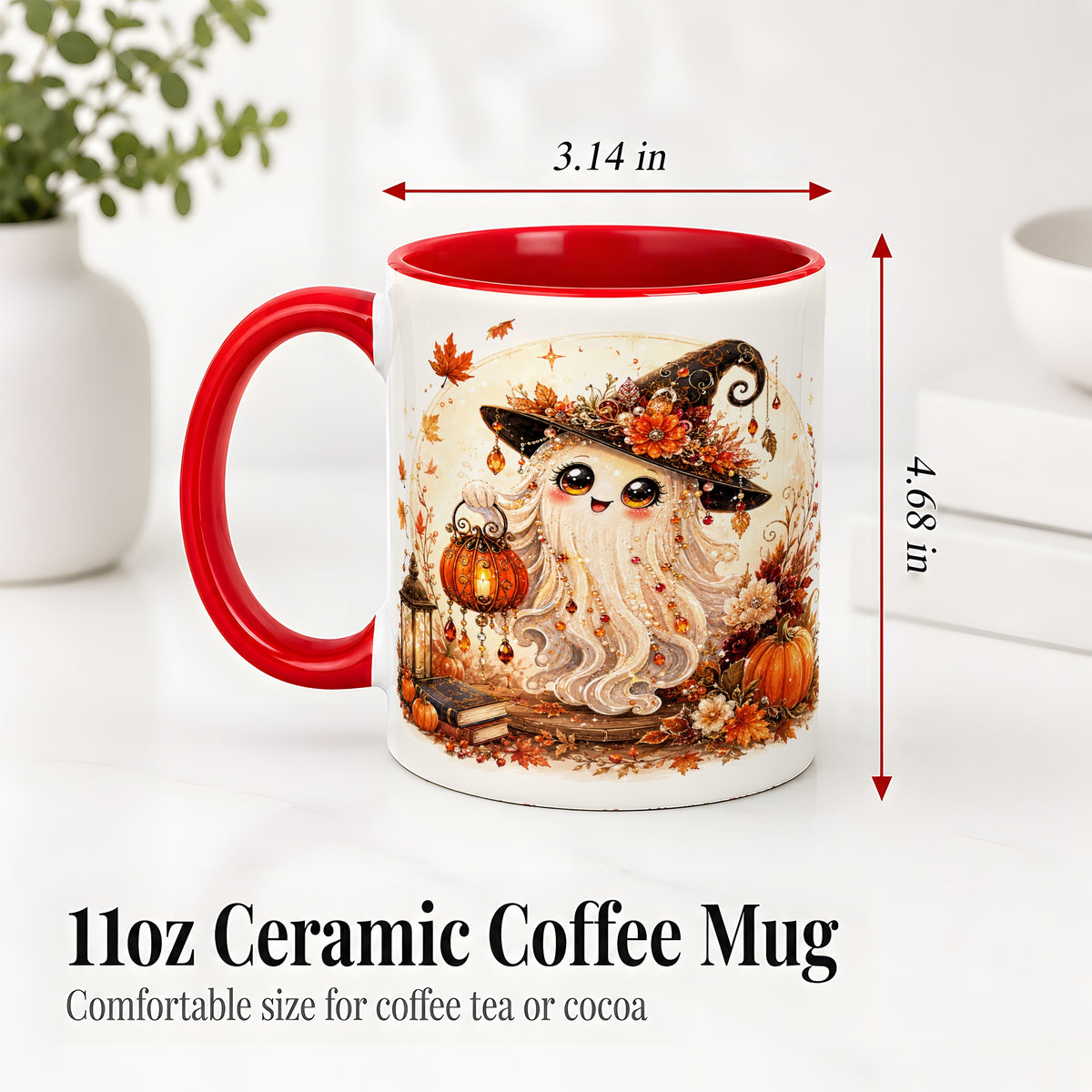 #pl[11oz|Red] Autumn Witch Ghost Ceramic Mug, Pumpkin Lantern Art for Ghost Fans