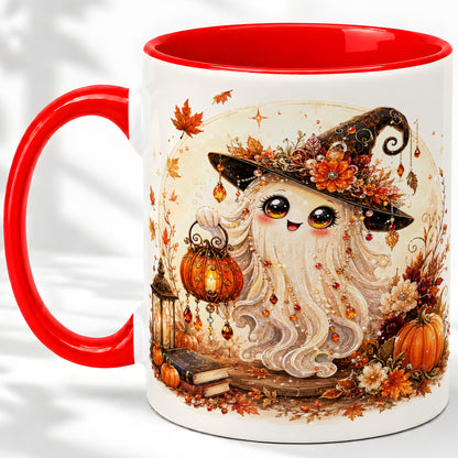 Autumn Witch Ghost Ceramic Mug, Pumpkin Lantern Art for Ghost Fans