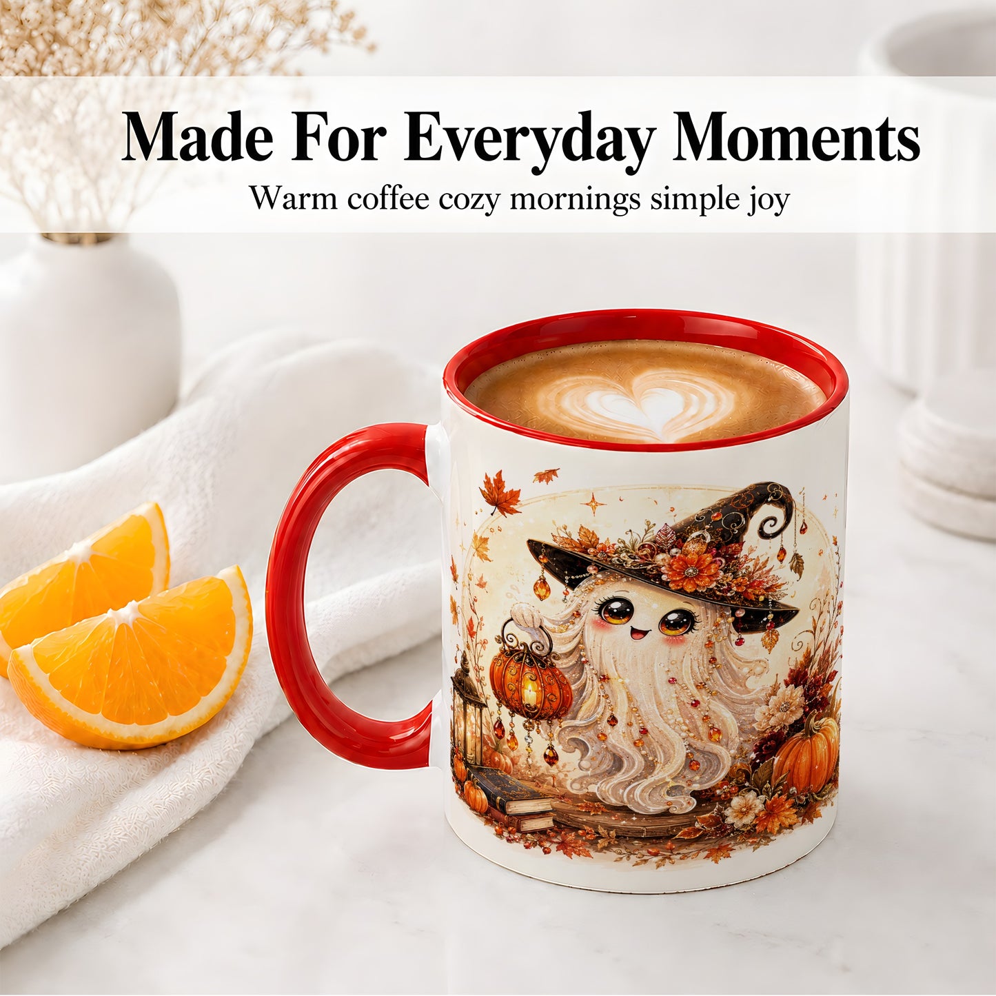 #pl[11oz|Red] Autumn Witch Ghost Ceramic Mug, Pumpkin Lantern Art for Ghost Fans
