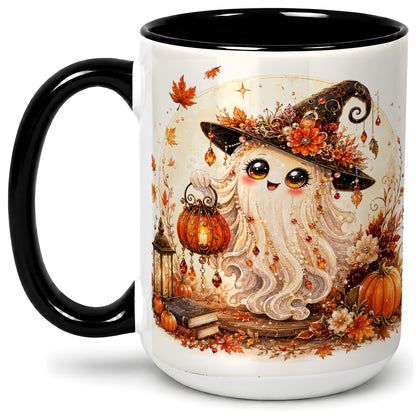 #pl[15oz|Black] Autumn Witch Ghost Ceramic Mug, Pumpkin Lantern Art for Ghost Fans