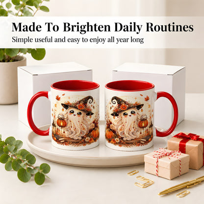 #pl[11oz|Red] Autumn Witch Ghost Ceramic Mug, Pumpkin Lantern Art for Ghost Fans