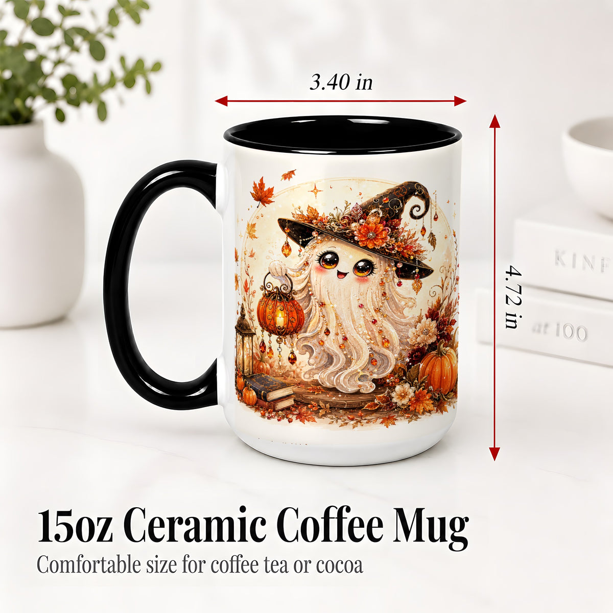 #pl[15oz|Black] Autumn Witch Ghost Ceramic Mug, Pumpkin Lantern Art for Ghost Fans