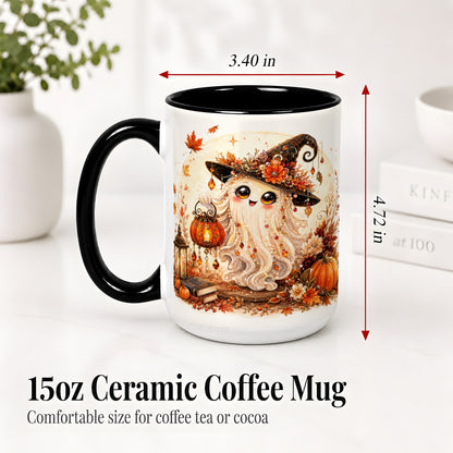 #pl[15oz|Black] Autumn Witch Ghost Ceramic Mug, Pumpkin Lantern Art for Ghost Fans