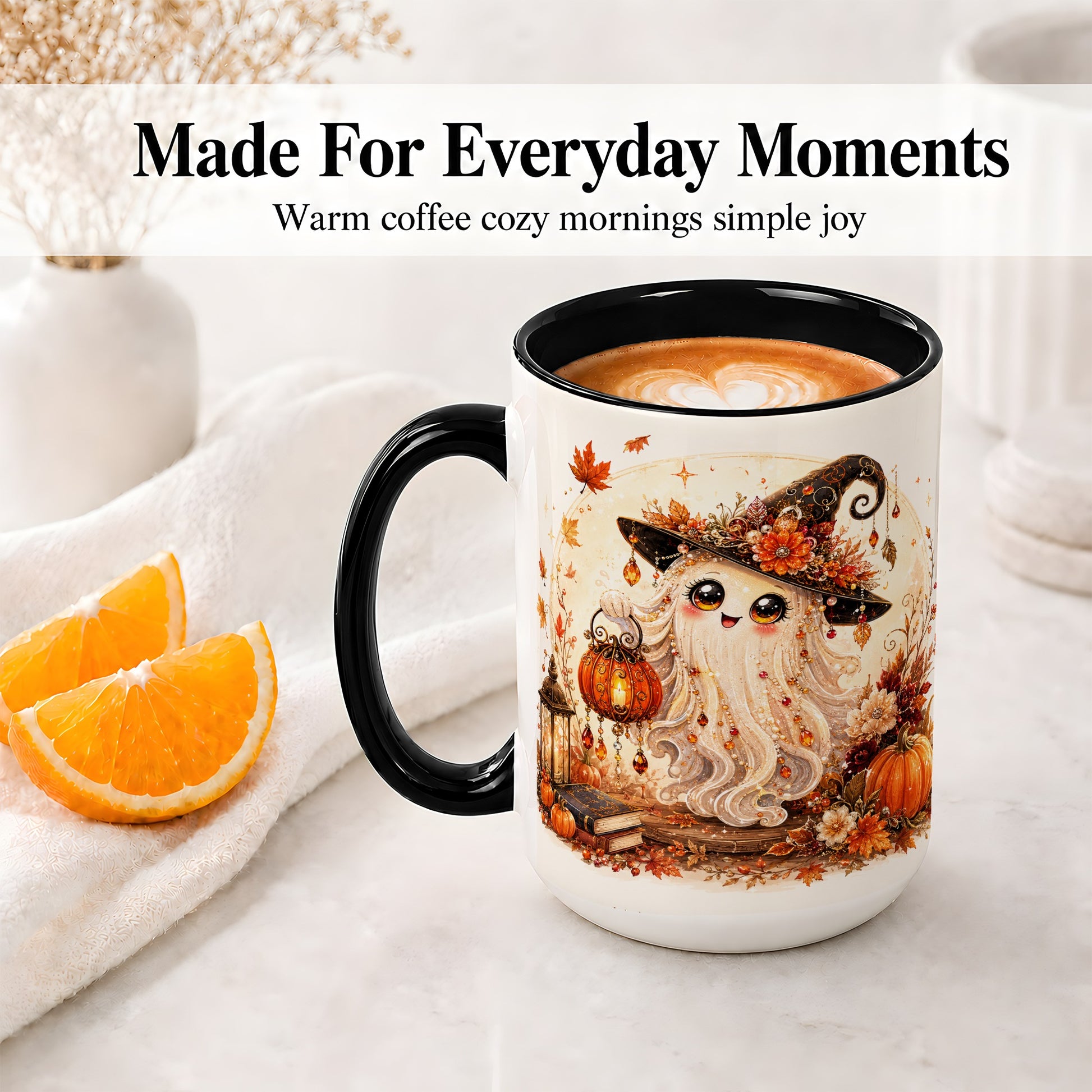 #pl[15oz|Black] Autumn Witch Ghost Ceramic Mug, Pumpkin Lantern Art for Ghost Fans