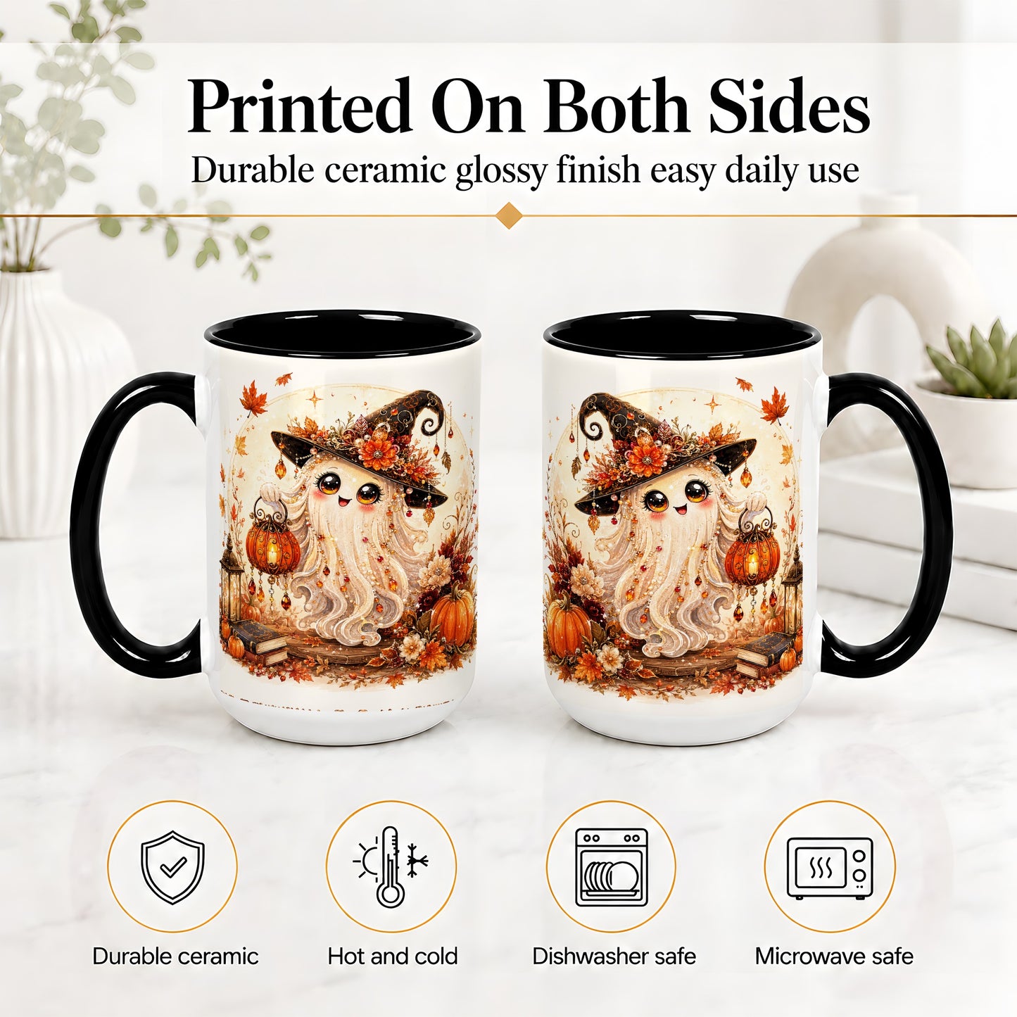 #pl[15oz|Black] Autumn Witch Ghost Ceramic Mug, Pumpkin Lantern Art for Ghost Fans