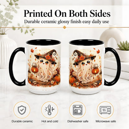 #pl[15oz|Black] Autumn Witch Ghost Ceramic Mug, Pumpkin Lantern Art for Ghost Fans