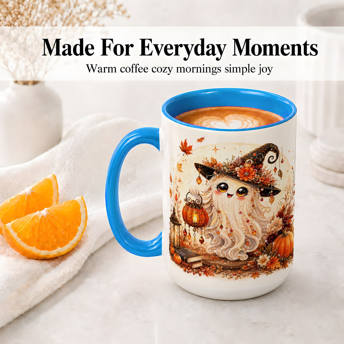 #pl[15oz|Blue] Autumn Witch Ghost Ceramic Mug, Pumpkin Lantern Art for Ghost Fans