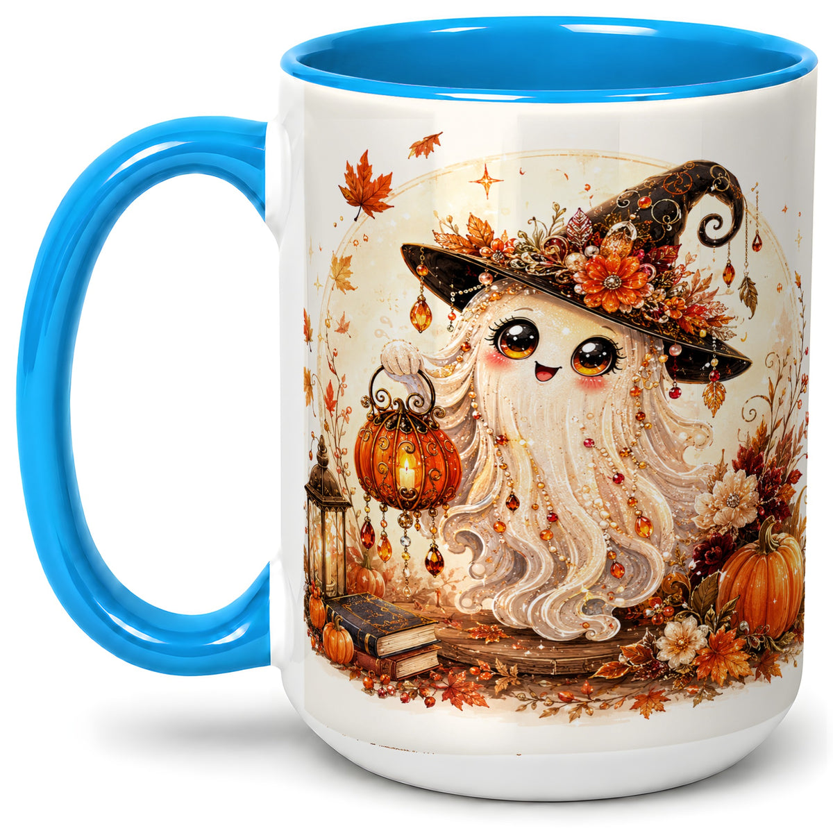 #pl[15oz|Blue] Autumn Witch Ghost Ceramic Mug, Pumpkin Lantern Art for Ghost Fans