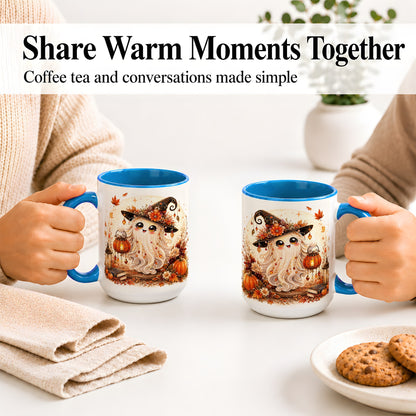 #pl[15oz|Blue] Autumn Witch Ghost Ceramic Mug, Pumpkin Lantern Art for Ghost Fans