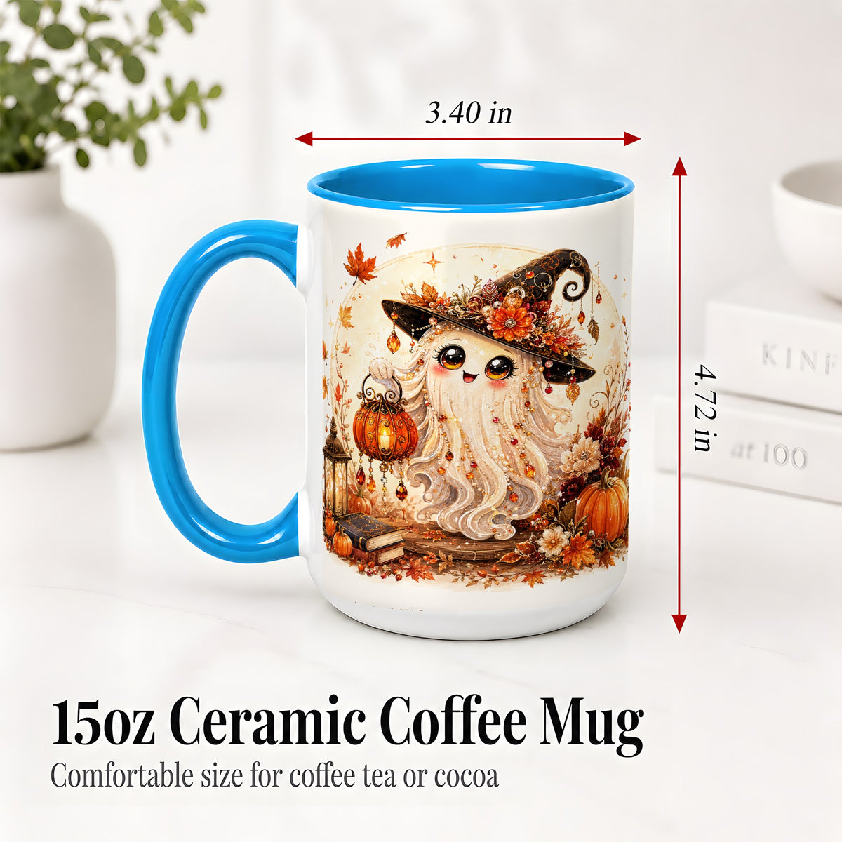#pl[15oz|Blue] Autumn Witch Ghost Ceramic Mug, Pumpkin Lantern Art for Ghost Fans