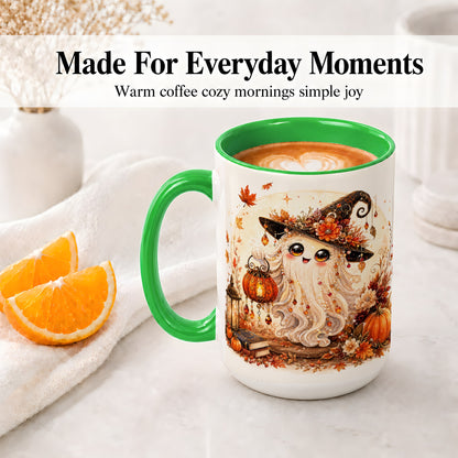 #pl[15oz|Green] Autumn Witch Ghost Ceramic Mug, Pumpkin Lantern Art for Ghost Fans