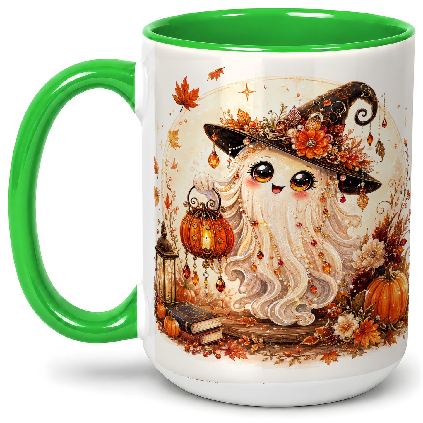 #pl[15oz|Green] Autumn Witch Ghost Ceramic Mug, Pumpkin Lantern Art for Ghost Fans