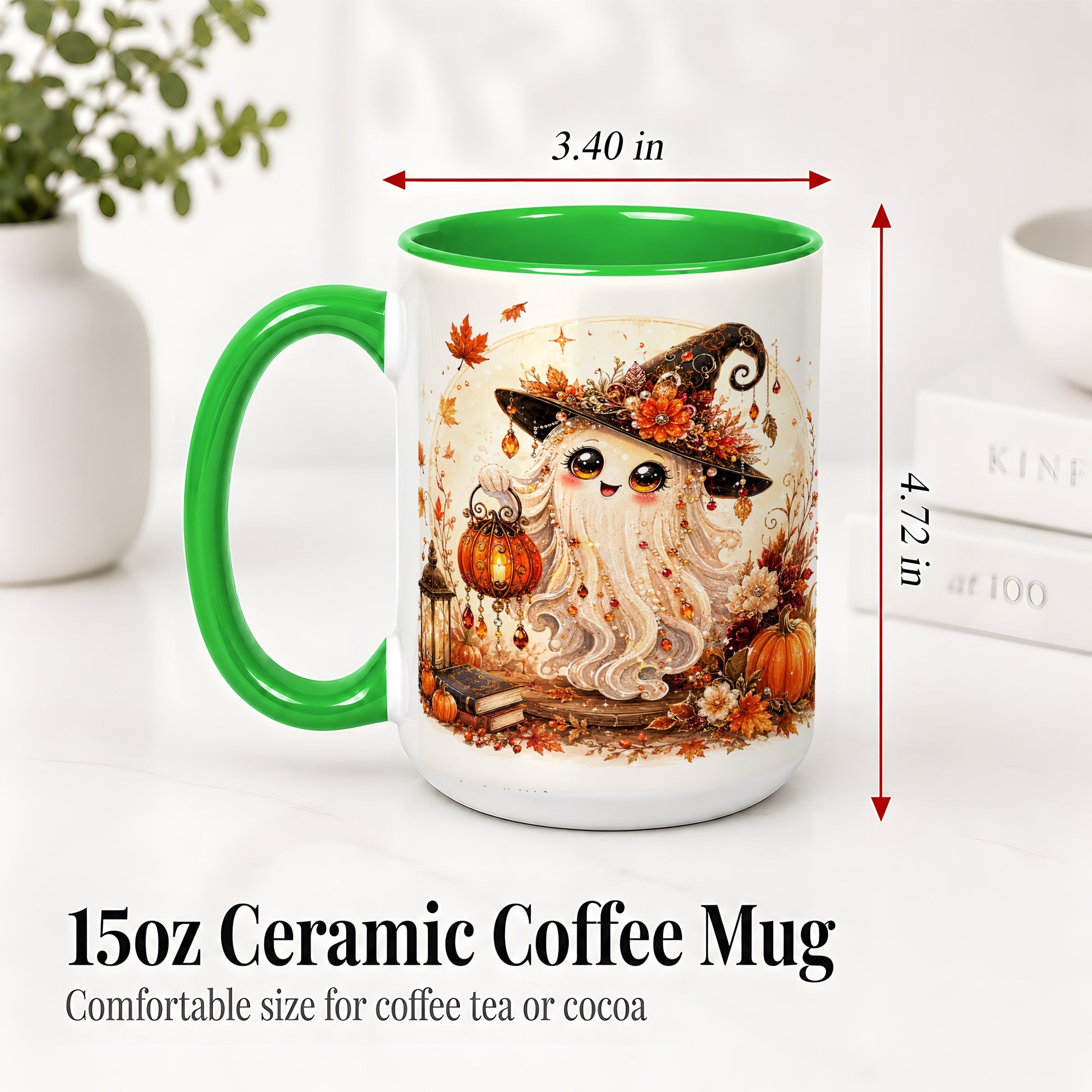 #pl[15oz|Green] Autumn Witch Ghost Ceramic Mug, Pumpkin Lantern Art for Ghost Fans