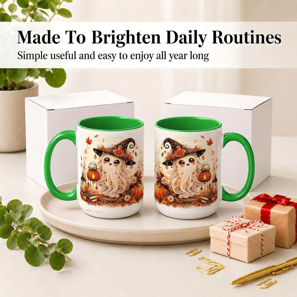 #pl[15oz|Green] Autumn Witch Ghost Ceramic Mug, Pumpkin Lantern Art for Ghost Fans