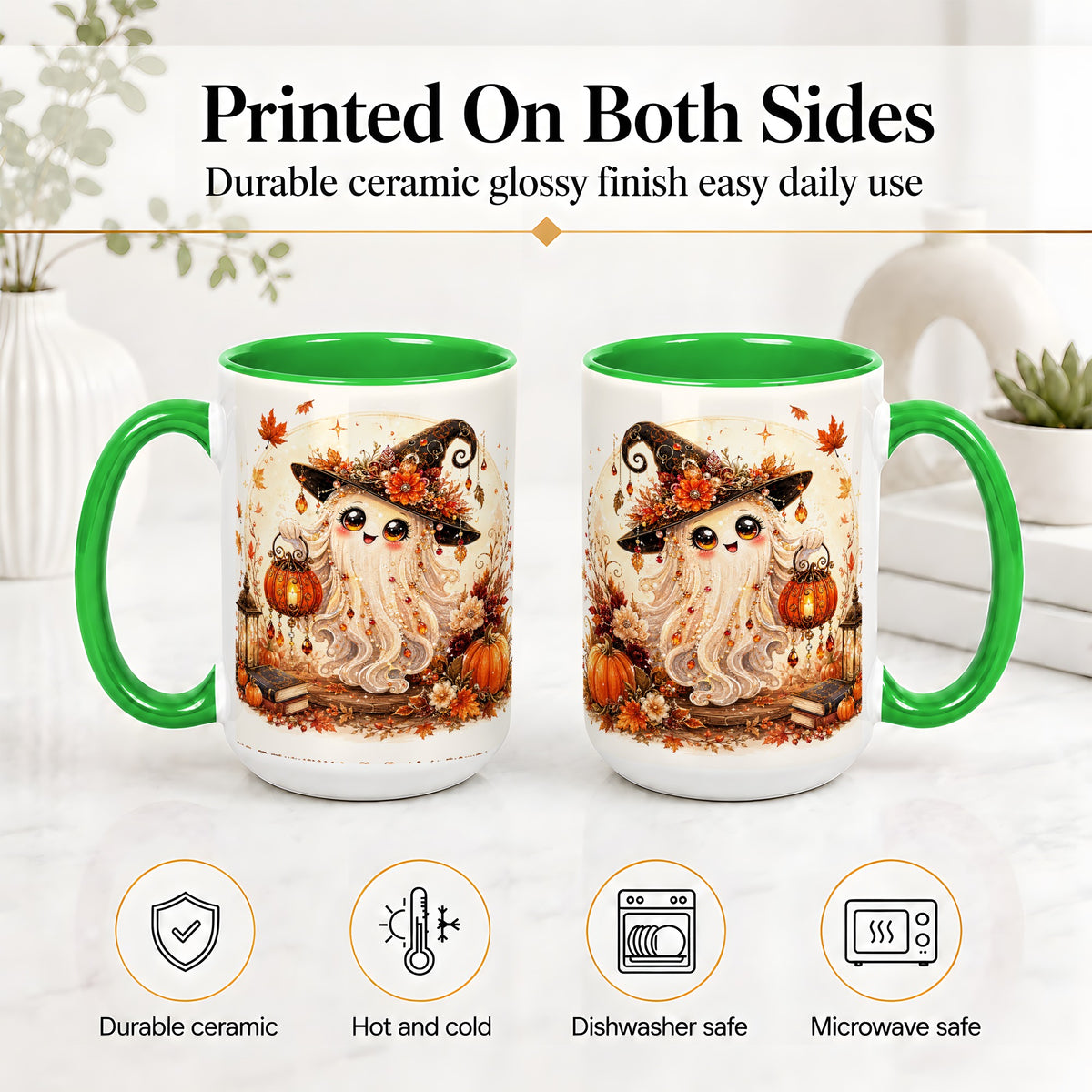#pl[15oz|Green] Autumn Witch Ghost Ceramic Mug, Pumpkin Lantern Art for Ghost Fans