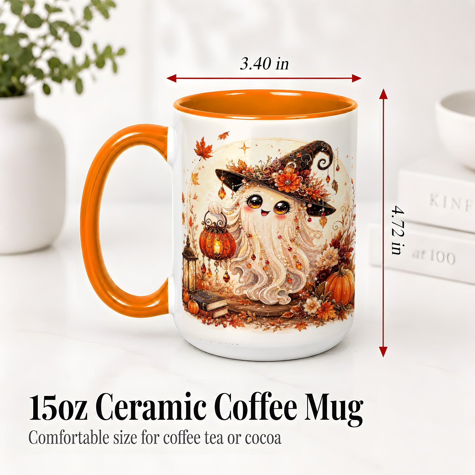 #pl[15oz|Orange] Autumn Witch Ghost Ceramic Mug, Pumpkin Lantern Art for Ghost Fans