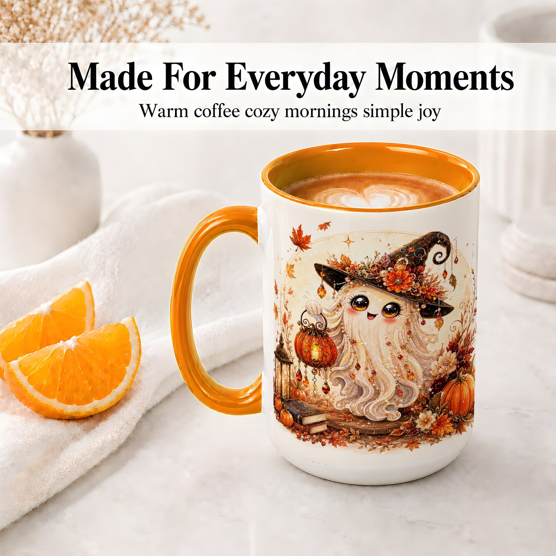 #pl[15oz|Orange] Autumn Witch Ghost Ceramic Mug, Pumpkin Lantern Art for Ghost Fans