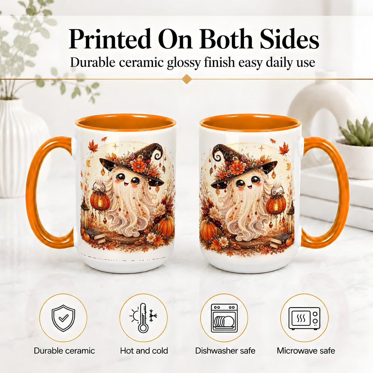#pl[15oz|Orange] Autumn Witch Ghost Ceramic Mug, Pumpkin Lantern Art for Ghost Fans