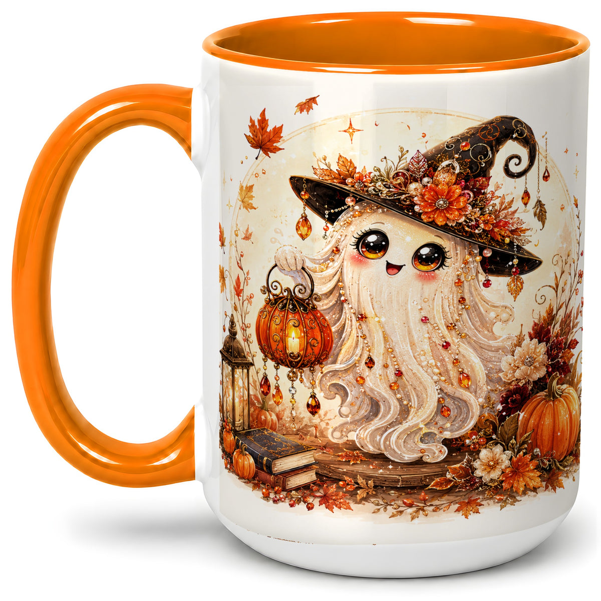 #pl[15oz|Orange] Autumn Witch Ghost Ceramic Mug, Pumpkin Lantern Art for Ghost Fans
