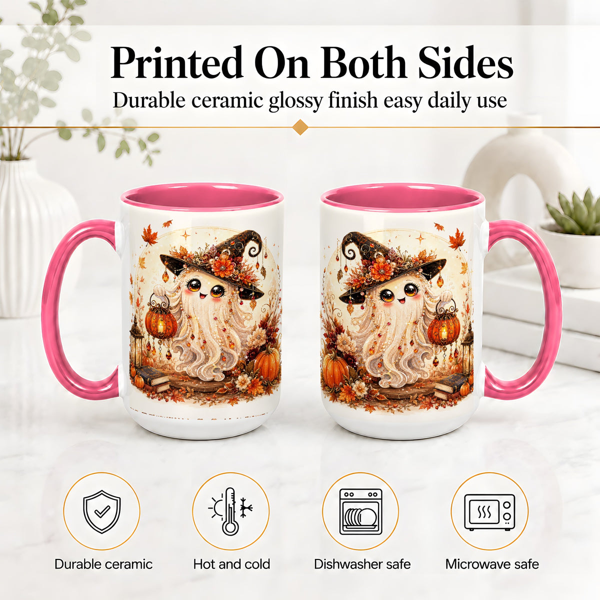 #pl[15oz|Pink] Autumn Witch Ghost Ceramic Mug, Pumpkin Lantern Art for Ghost Fans