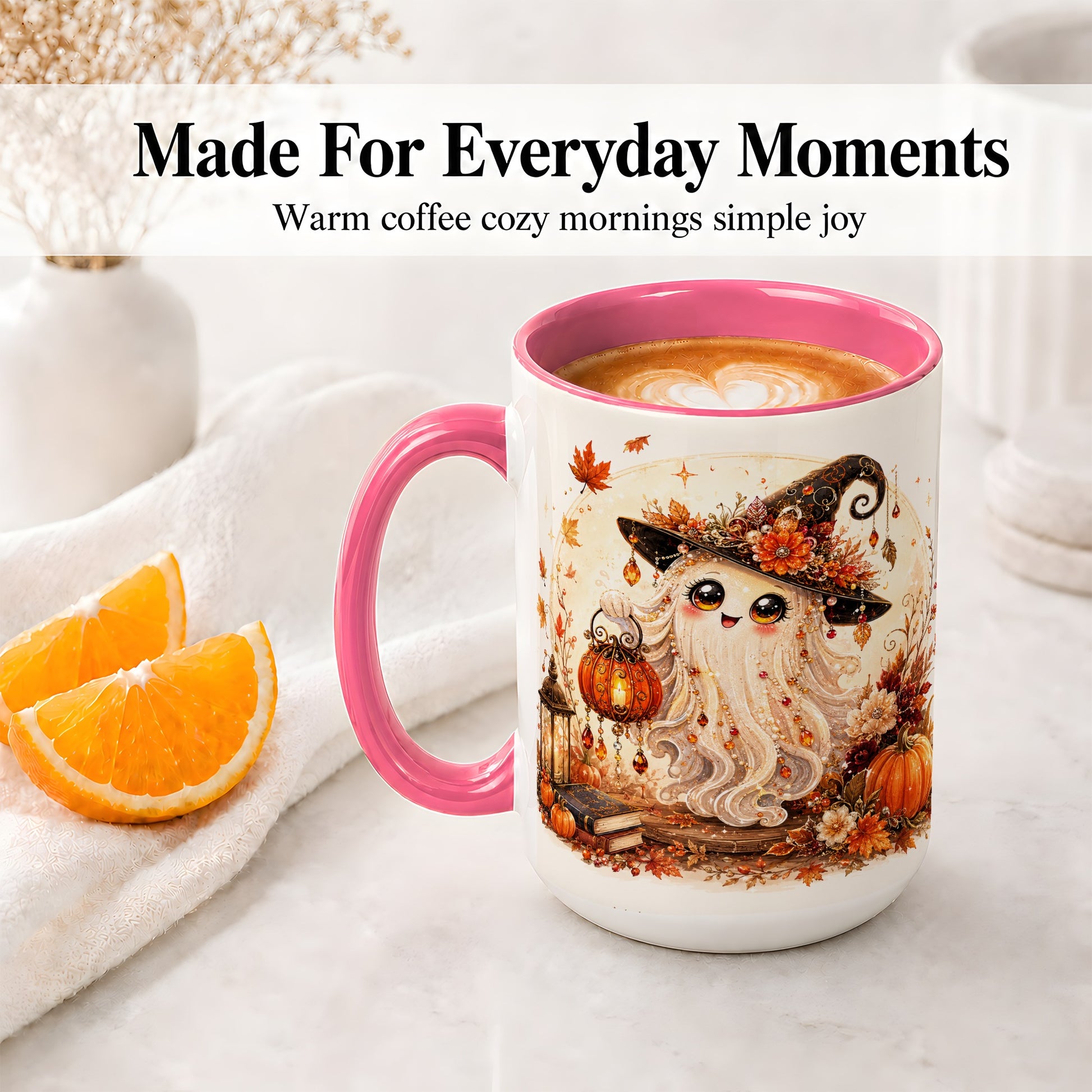 #pl[15oz|Pink] Autumn Witch Ghost Ceramic Mug, Pumpkin Lantern Art for Ghost Fans