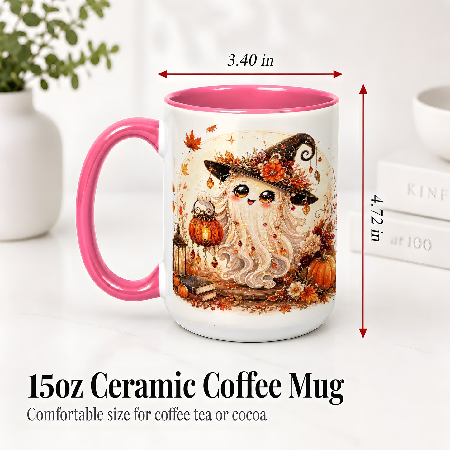#pl[15oz|Pink] Autumn Witch Ghost Ceramic Mug, Pumpkin Lantern Art for Ghost Fans
