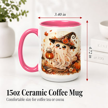 #pl[15oz|Pink] Autumn Witch Ghost Ceramic Mug, Pumpkin Lantern Art for Ghost Fans