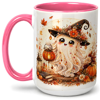 #pl[15oz|Pink] Autumn Witch Ghost Ceramic Mug, Pumpkin Lantern Art for Ghost Fans