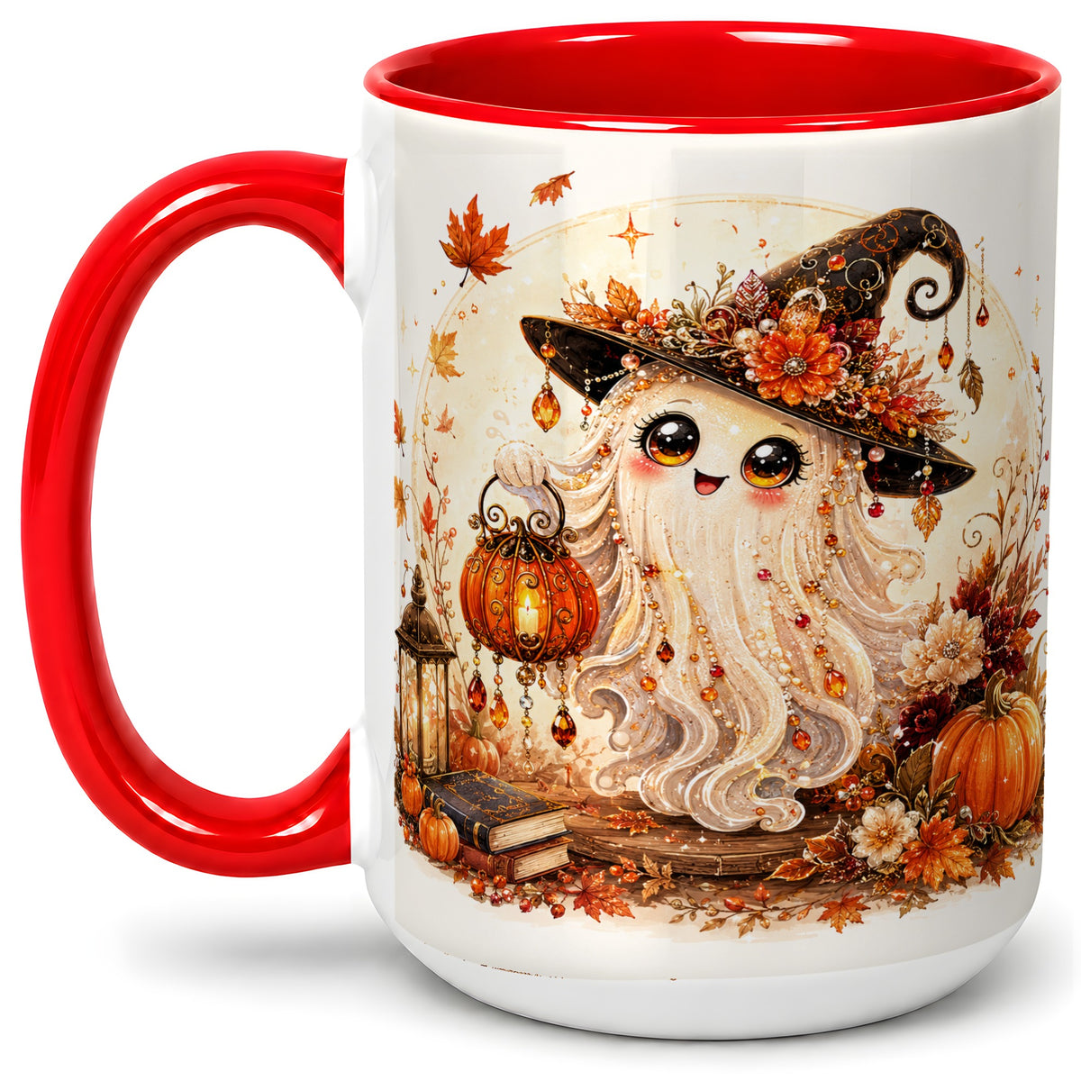 #pl[15oz|Red] Autumn Witch Ghost Ceramic Mug, Pumpkin Lantern Art for Ghost Fans