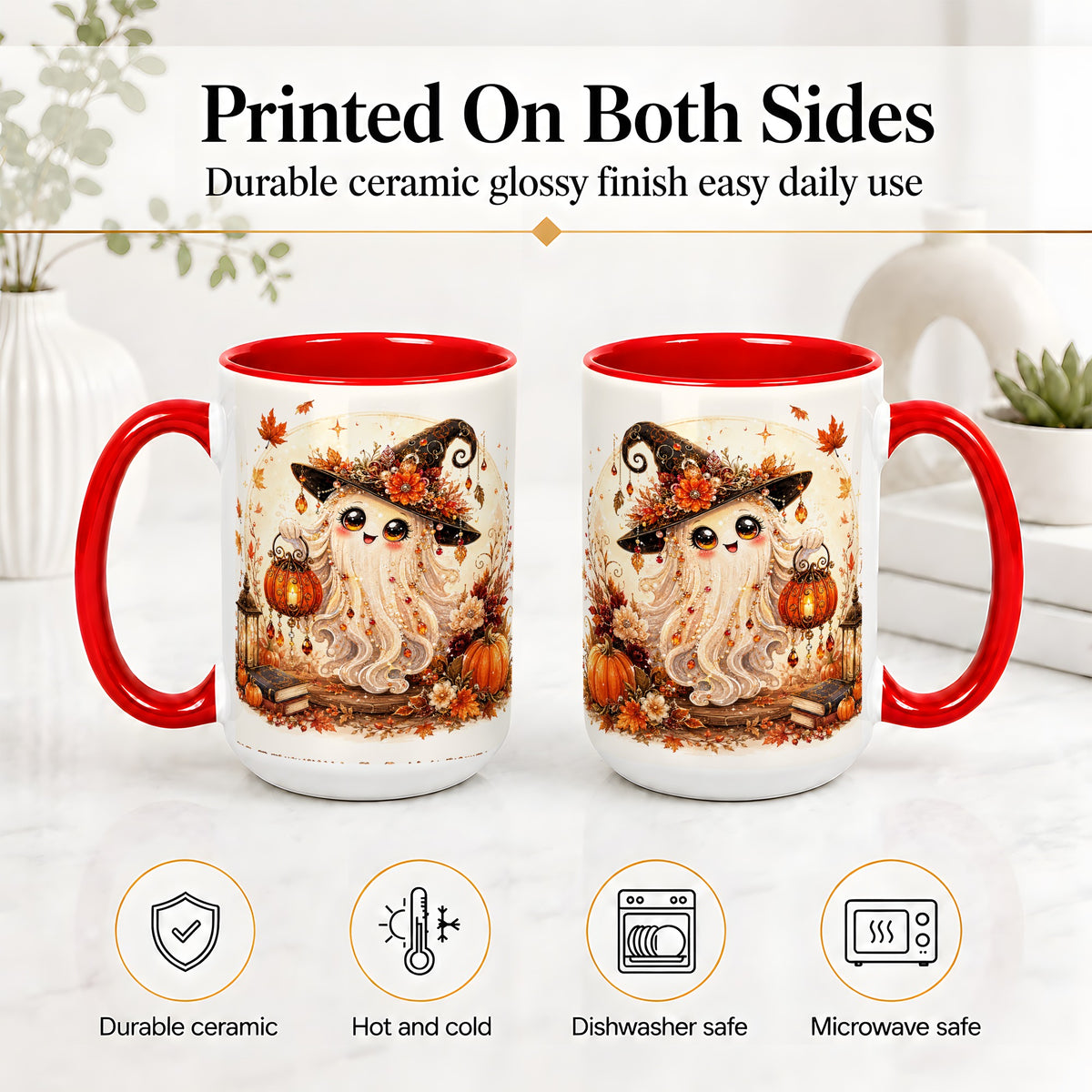 #pl[15oz|Red] Autumn Witch Ghost Ceramic Mug, Pumpkin Lantern Art for Ghost Fans