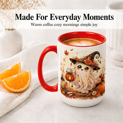 #pl[15oz|Red] Autumn Witch Ghost Ceramic Mug, Pumpkin Lantern Art for Ghost Fans
