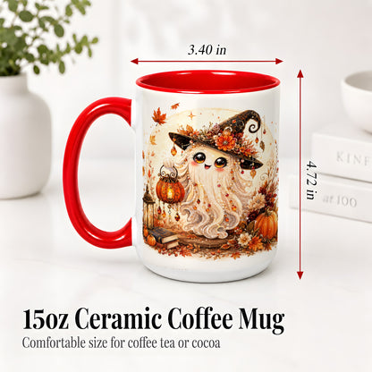 #pl[15oz|Red] Autumn Witch Ghost Ceramic Mug, Pumpkin Lantern Art for Ghost Fans