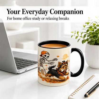 #pl[11oz|Black] Orange Cap Skeleton Yorkie Ceramic Mug, Autumn Art for Dog Lovers