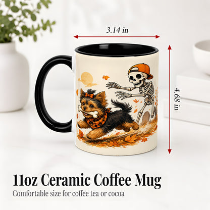 #pl[11oz|Black] Orange Cap Skeleton Yorkie Ceramic Mug, Autumn Art for Dog Lovers