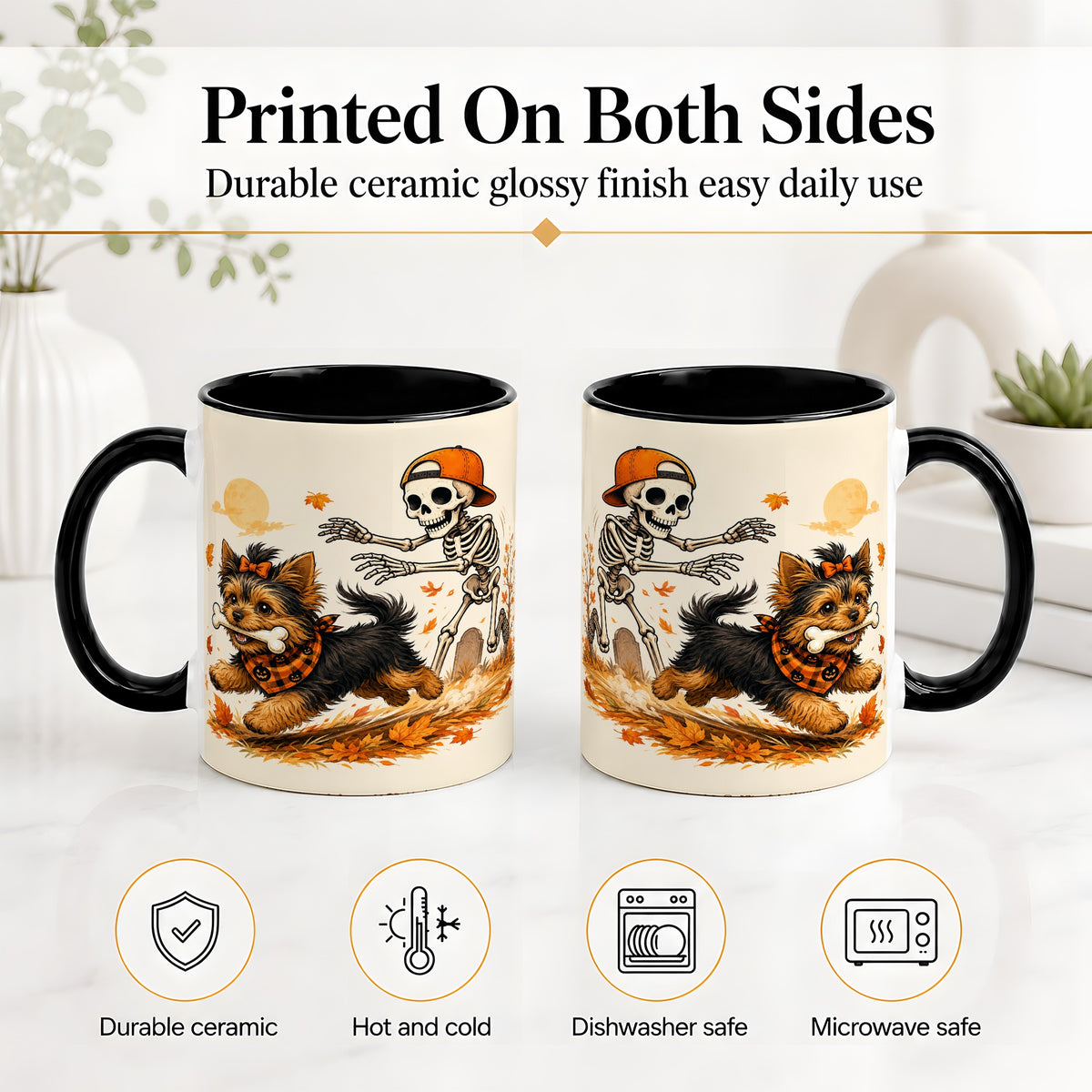 #pl[11oz|Black] Orange Cap Skeleton Yorkie Ceramic Mug, Autumn Art for Dog Lovers