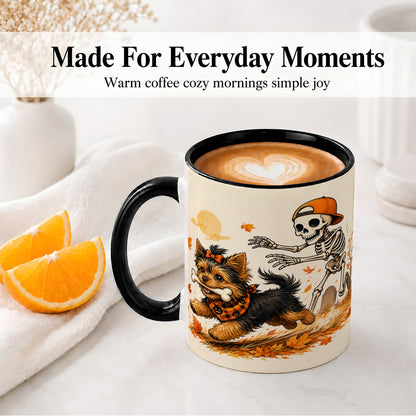 #pl[11oz|Black] Orange Cap Skeleton Yorkie Ceramic Mug, Autumn Art for Dog Lovers