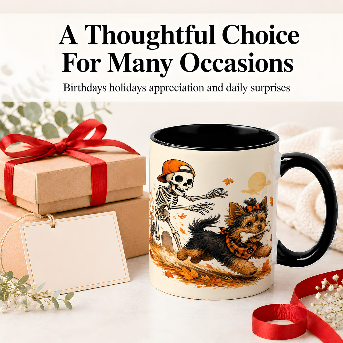 #pl[11oz|Black] Orange Cap Skeleton Yorkie Ceramic Mug, Autumn Art for Dog Lovers