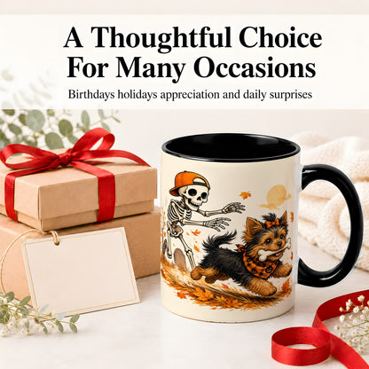 #pl[11oz|Black] Orange Cap Skeleton Yorkie Ceramic Mug, Autumn Art for Dog Lovers