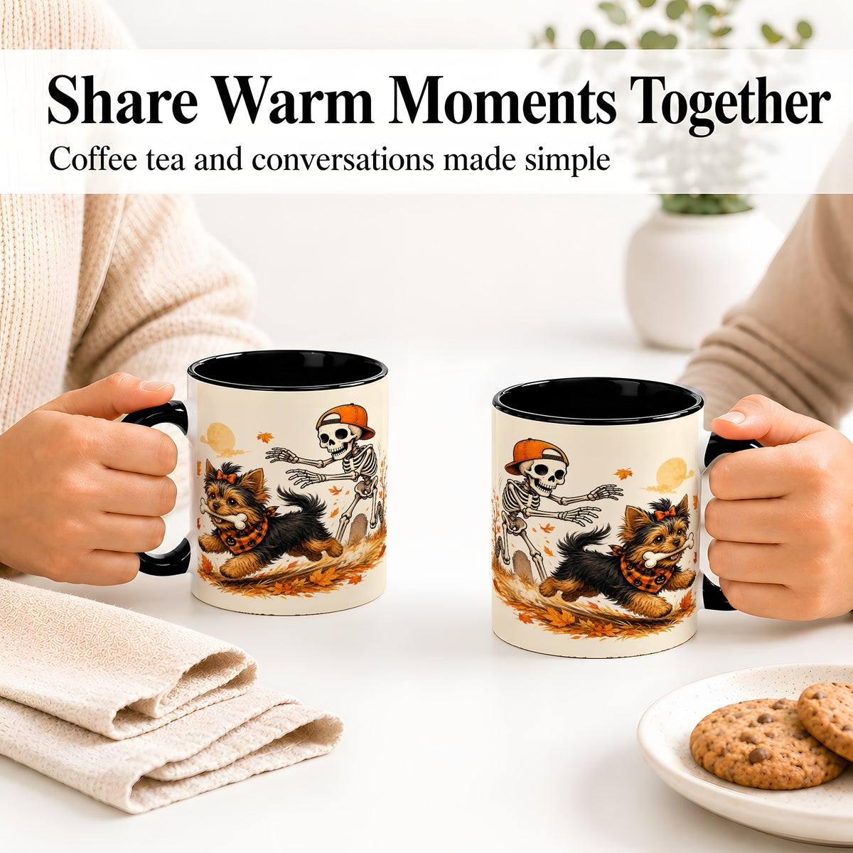 #pl[11oz|Black] Orange Cap Skeleton Yorkie Ceramic Mug, Autumn Art for Dog Lovers