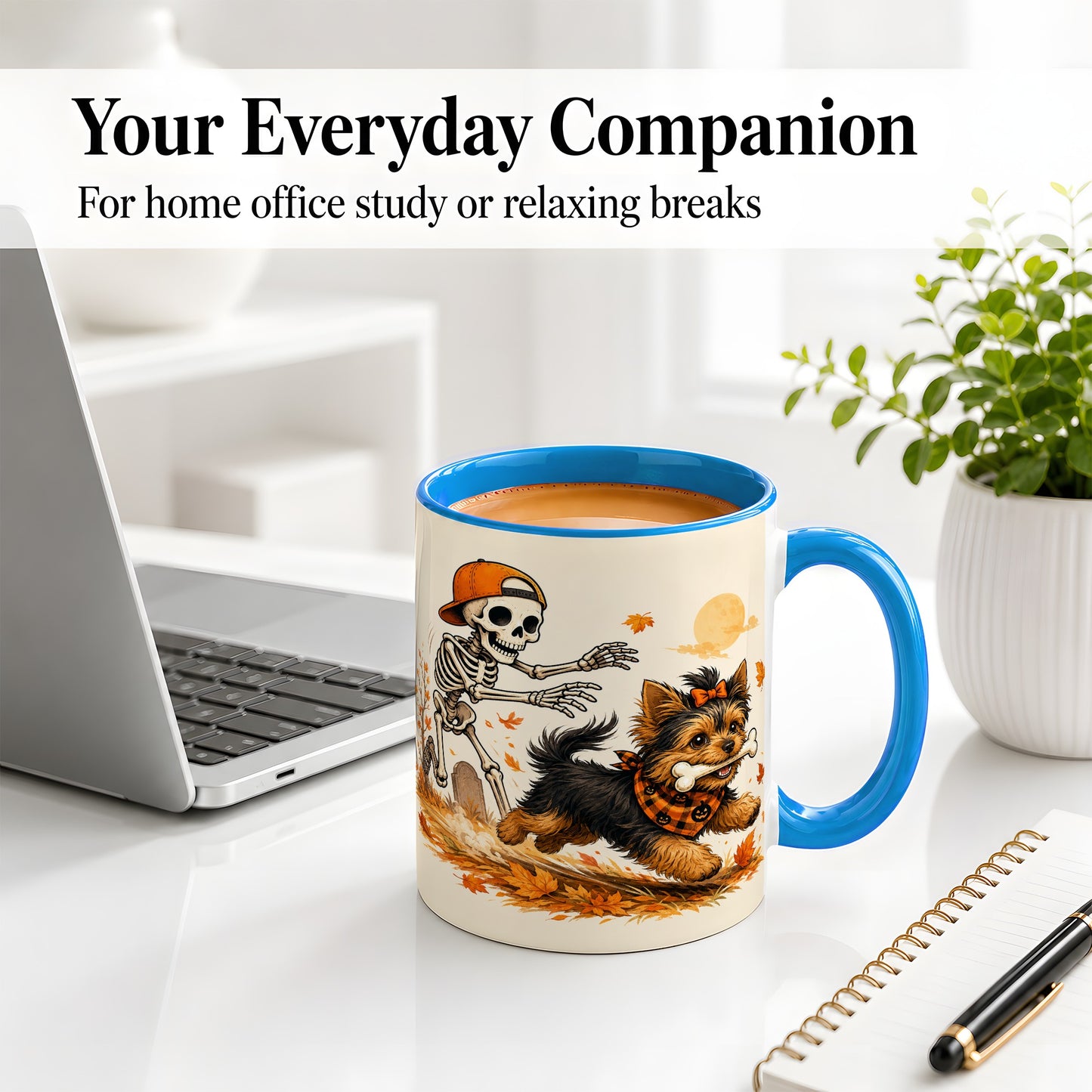 #pl[11oz|Blue] Orange Cap Skeleton Yorkie Ceramic Mug, Autumn Art for Dog Lovers