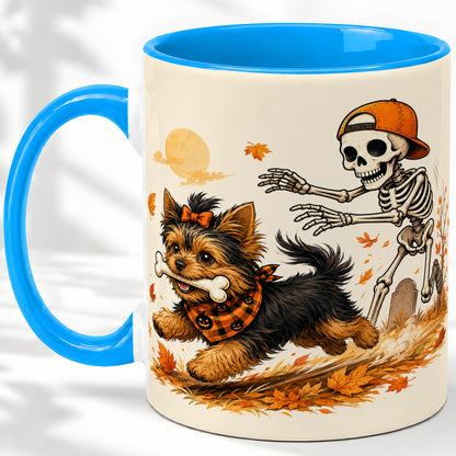 #pl[11oz|Blue] Orange Cap Skeleton Yorkie Ceramic Mug, Autumn Art for Dog Lovers