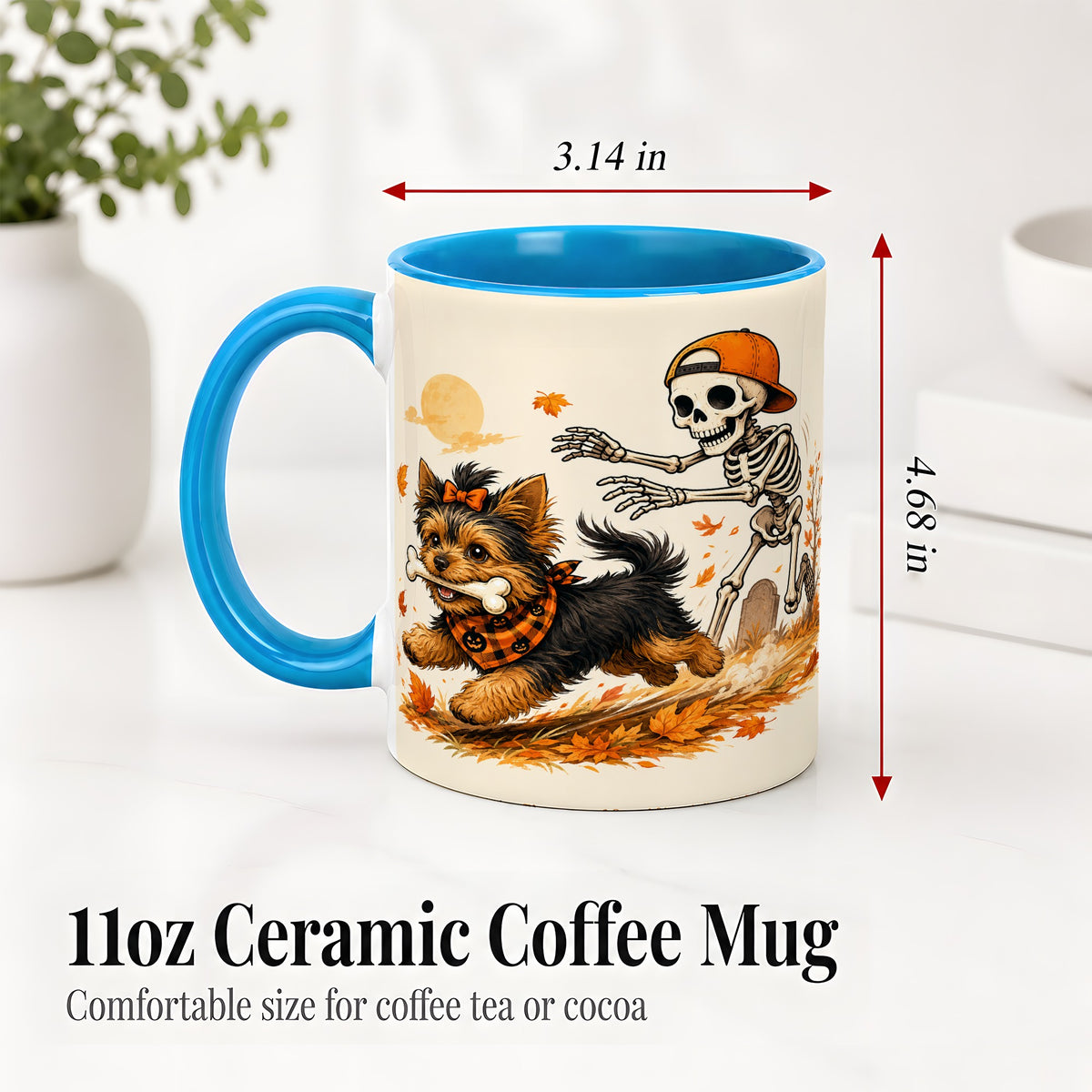 #pl[11oz|Blue] Orange Cap Skeleton Yorkie Ceramic Mug, Autumn Art for Dog Lovers